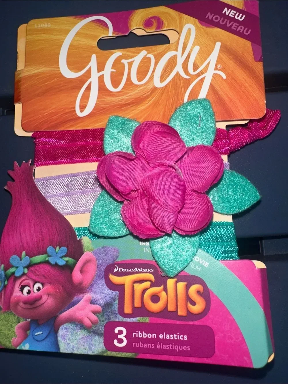 Goody Trolls Three Elastic Hair Ties Felt Floral Lavender Pink Teal green